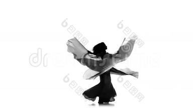 美丽的异<strong>国风</strong>情的肚皮舞女孩舞着两只翅膀在白色，<strong>剪影</strong>